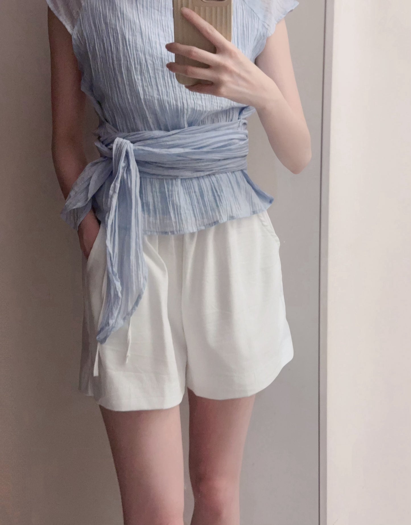 皺皺綁腰上衣(象牙白)